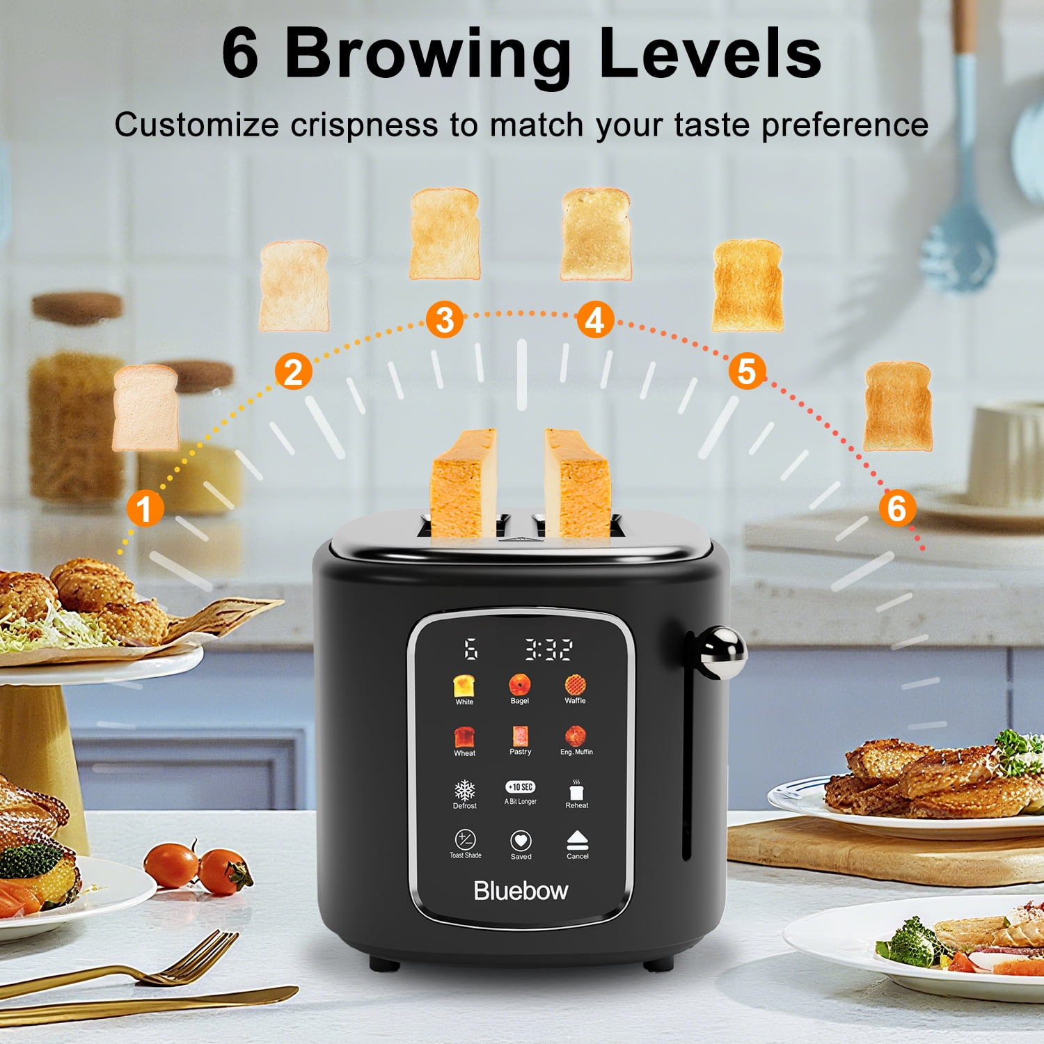 Bluebow 2-Slice Toaster, 1.5" Wide Slots, Touchscreen with 6 Bread Types & Shade Settings, Reheat, Defrost, Saved, Removable Tray, Black