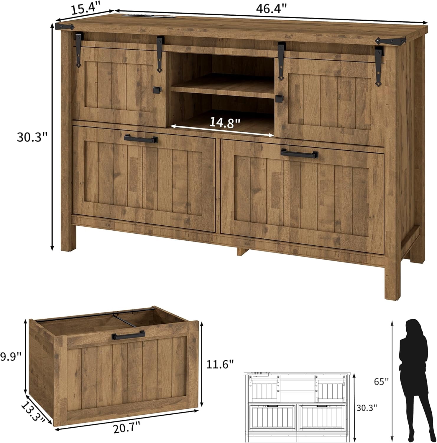 FIAKOA Farmhouse 2-Drawer Lateral File Cabinet, Filing Cabinet with Sliding Doors & Charge Station, Printer Stand Cabinets for Home Office, Brown