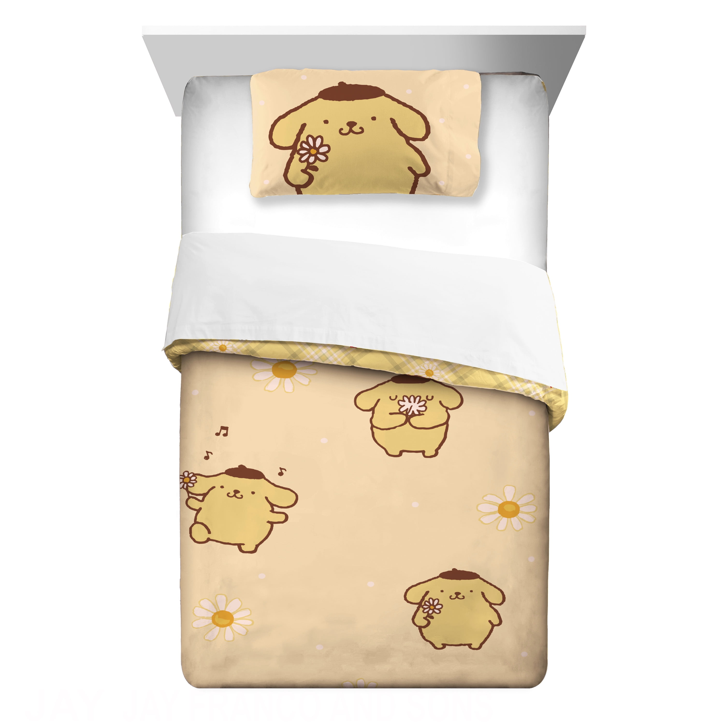 Pompompurin 2 Piece Yellow Reversible Comforter and Pillowcase set, Twin/full, Sanrio