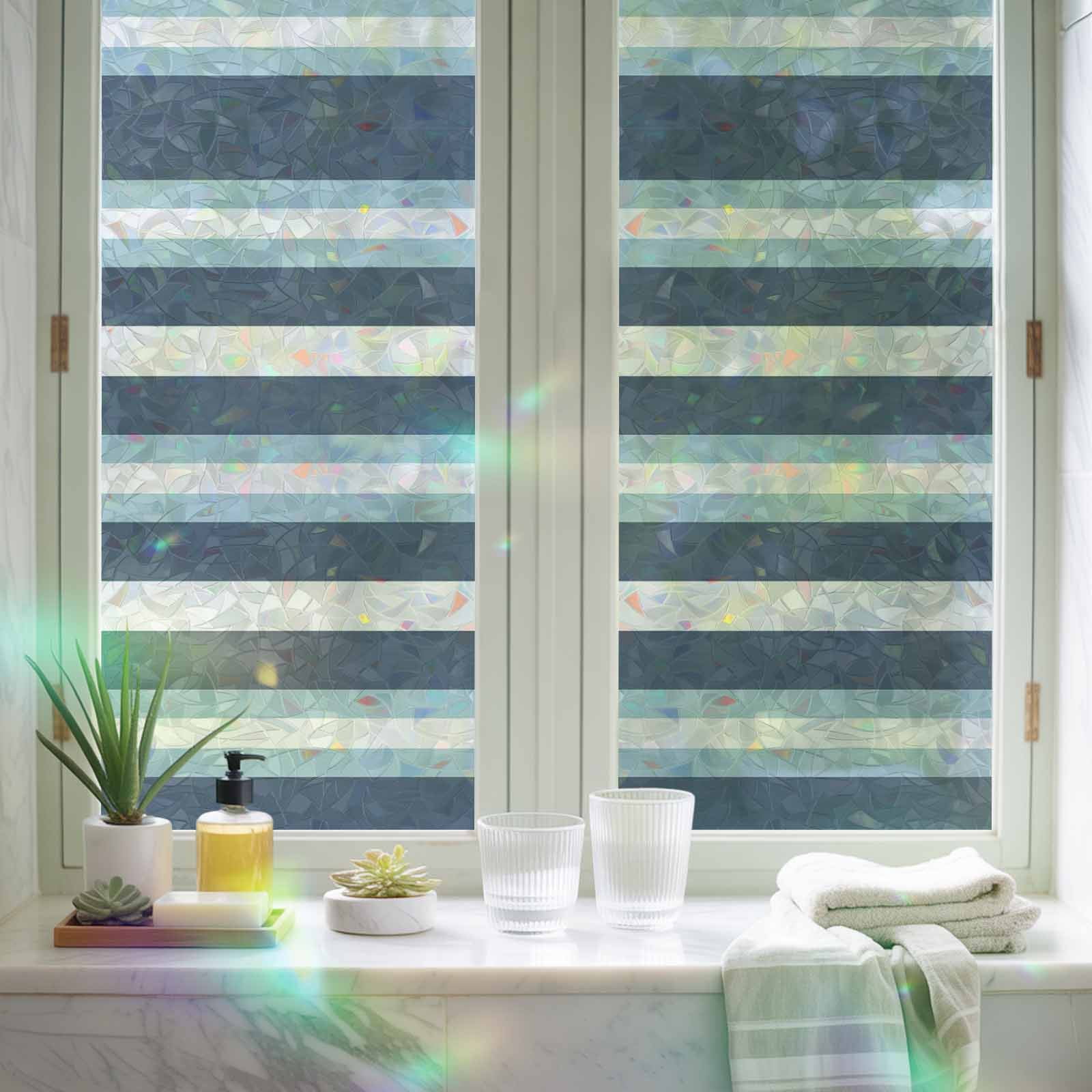 Blue Striped Window Privacy Film Rainbow Static Cling Stain Glass Window Film for Glass Door, Decorative Sunroof Decal Sticker for Car Bathroom 23.6"x59" Modern Gradient Abstract Lines Aesthetic