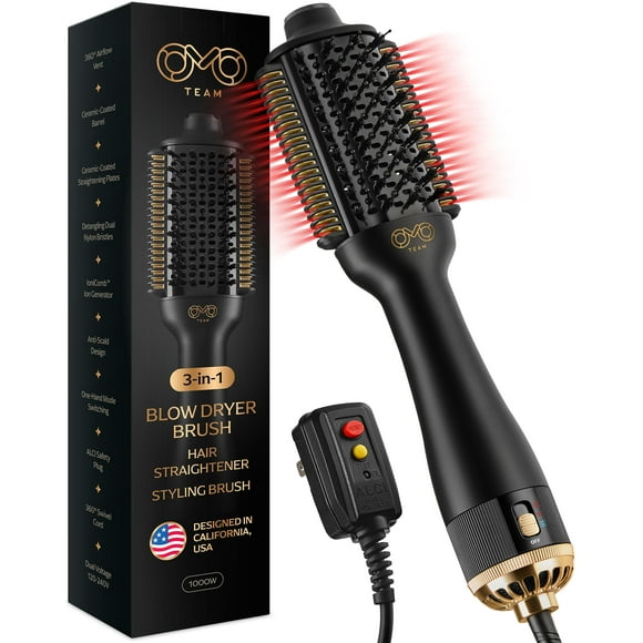 Blowout Brush Hair Dryer, Dual Voltage 3-in-1 Blow Drying Brush, Ionic Hair Straightener Comb Tool w/No Heat Damage, Light 1.3lb Blowout Tool, Blow Dryer Curling Wand an