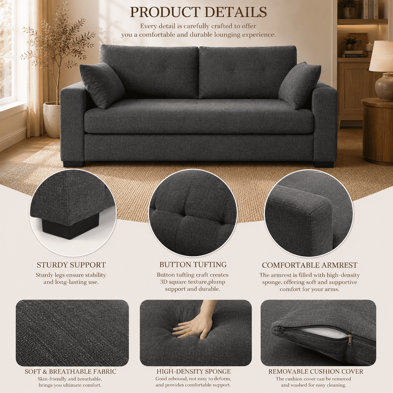 MOONMISS 79"Loveseat Couch ,3 Seater Sofa with Extra Deep Seats,Comfy Upholstered Couch for Living Room,2 Pillows,Gray