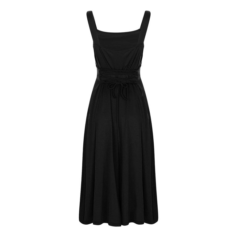 JIANJIA Summer Dresses For Women Solid Color Strappy Square Collar  Sleeveless Slim Fit Casual Dress Beachwear,Black,L
