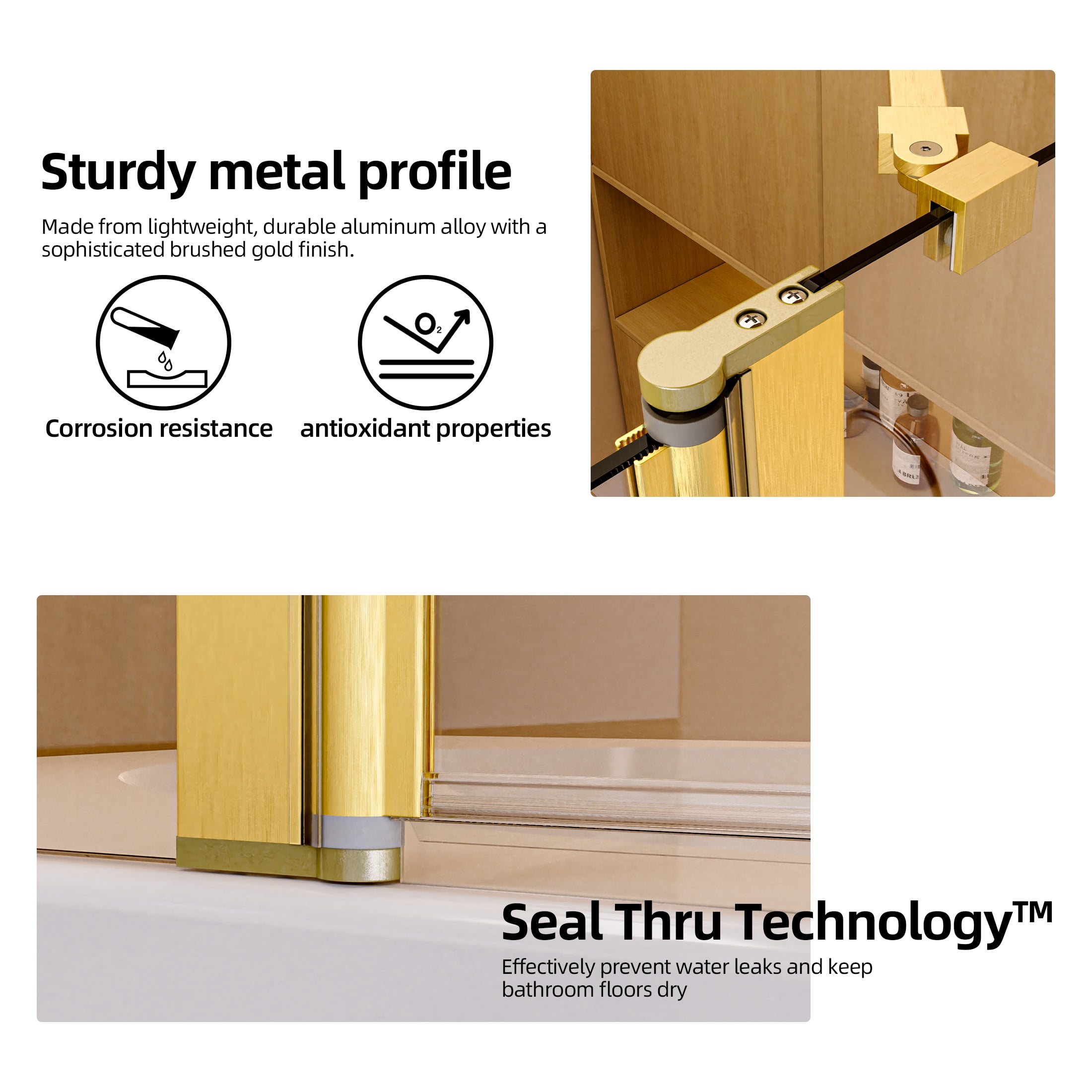 Aukfa 43"W x 58"H Bathtub Shower Doors, 1/4" (6mm) SGCC Tempered Glass Bathtub Door, Brushed Gold
