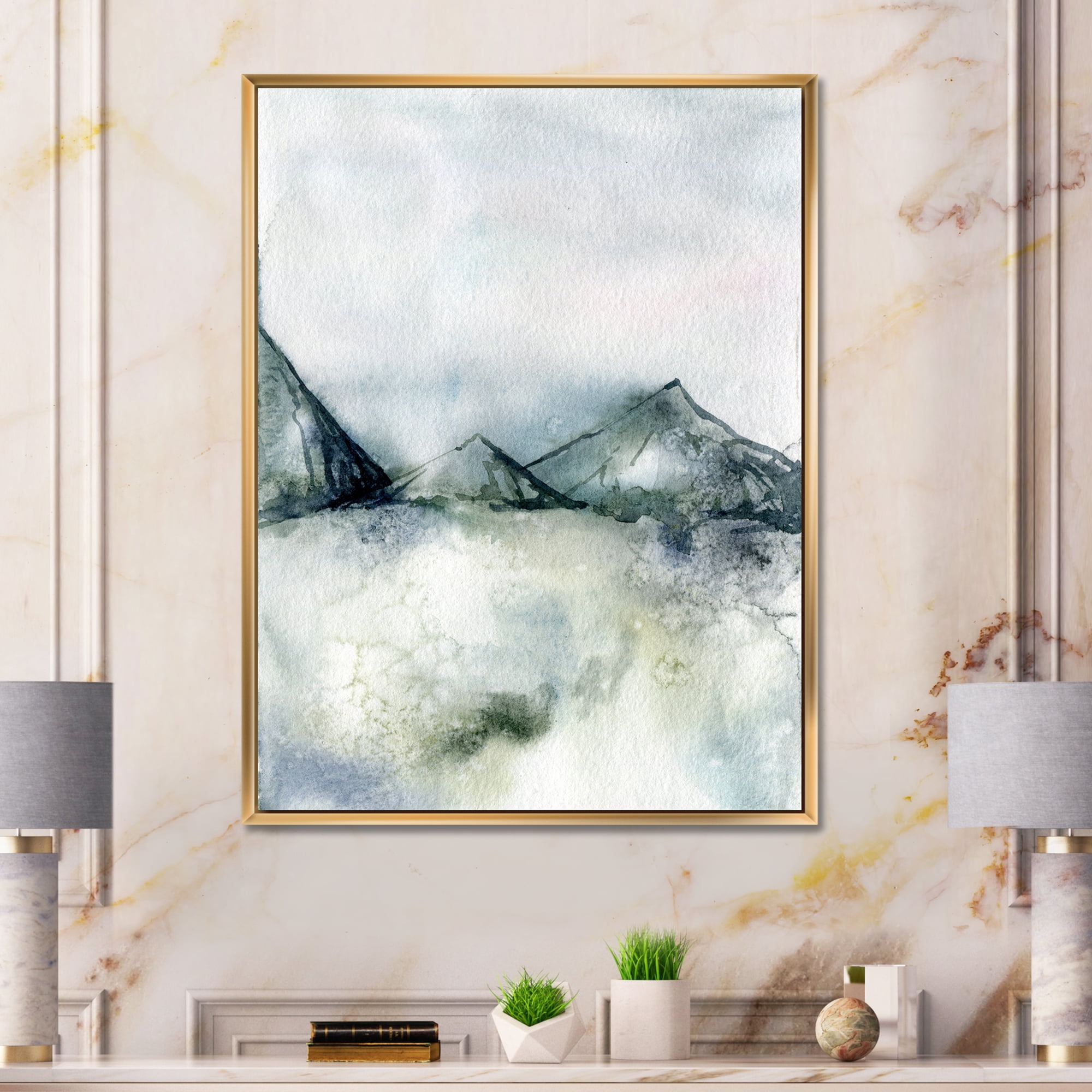 Dark Blue Mountain Landscape Winter Minimalistic 16 in x 32 in Framed Painting Canvas Art Print, by Designart