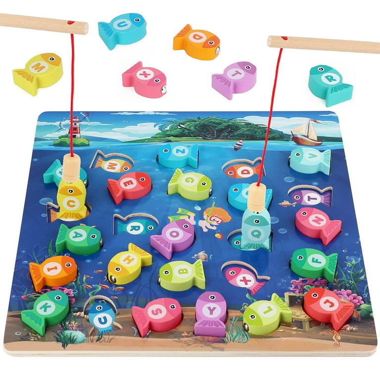 Retrok Magnetic Wooden Fishing Games for Toddlers - Creative Fish Catching  for Preschool Kids Home Alphabets Learning Games ABC Letters Cognition