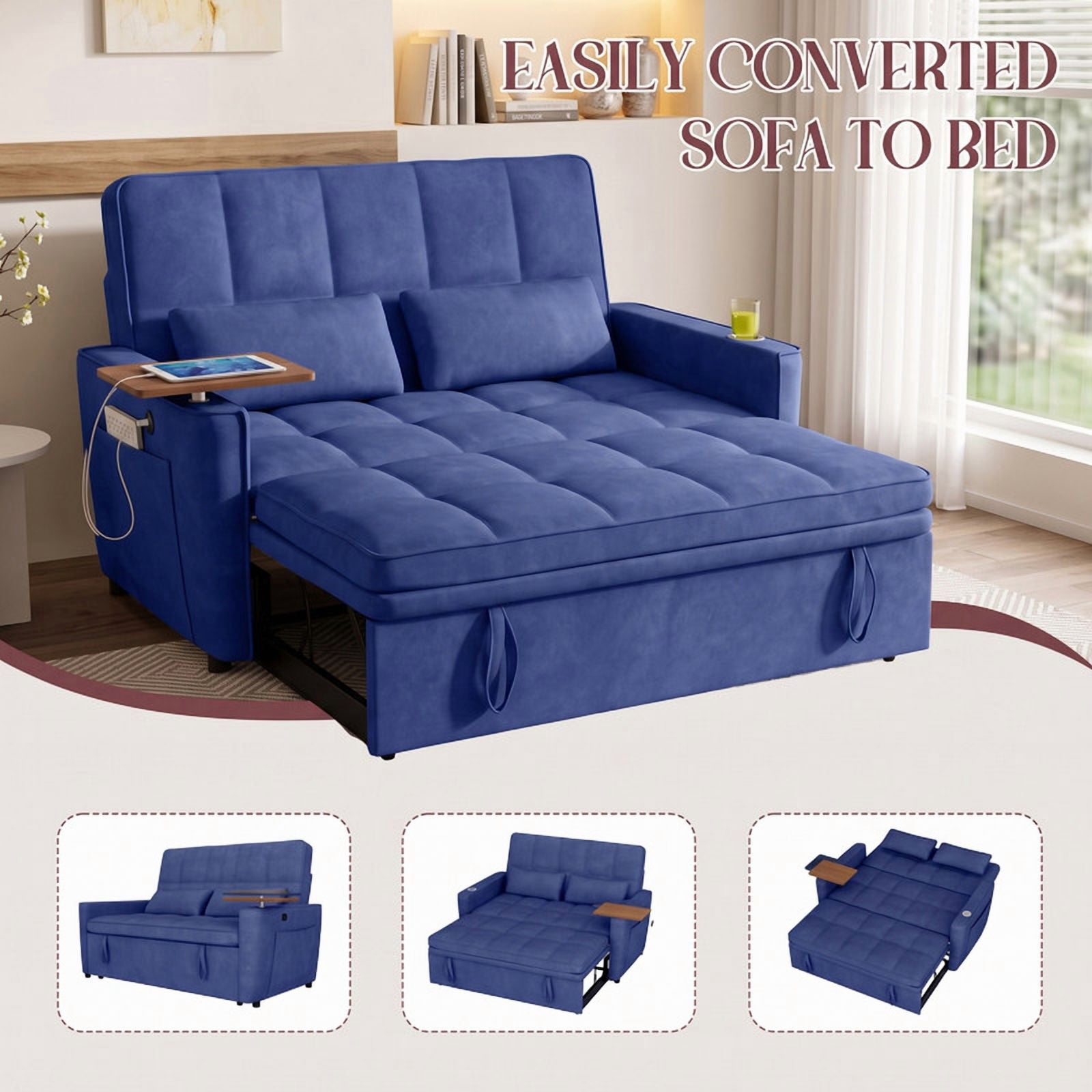 avobird 54'' Pull Out Sofa Bed, Convertible Sleeper Couch for for Living Room, Side Desk, USB Ports, Cup Hold, Velvet Fabric, Adjustable Backrest, Blue