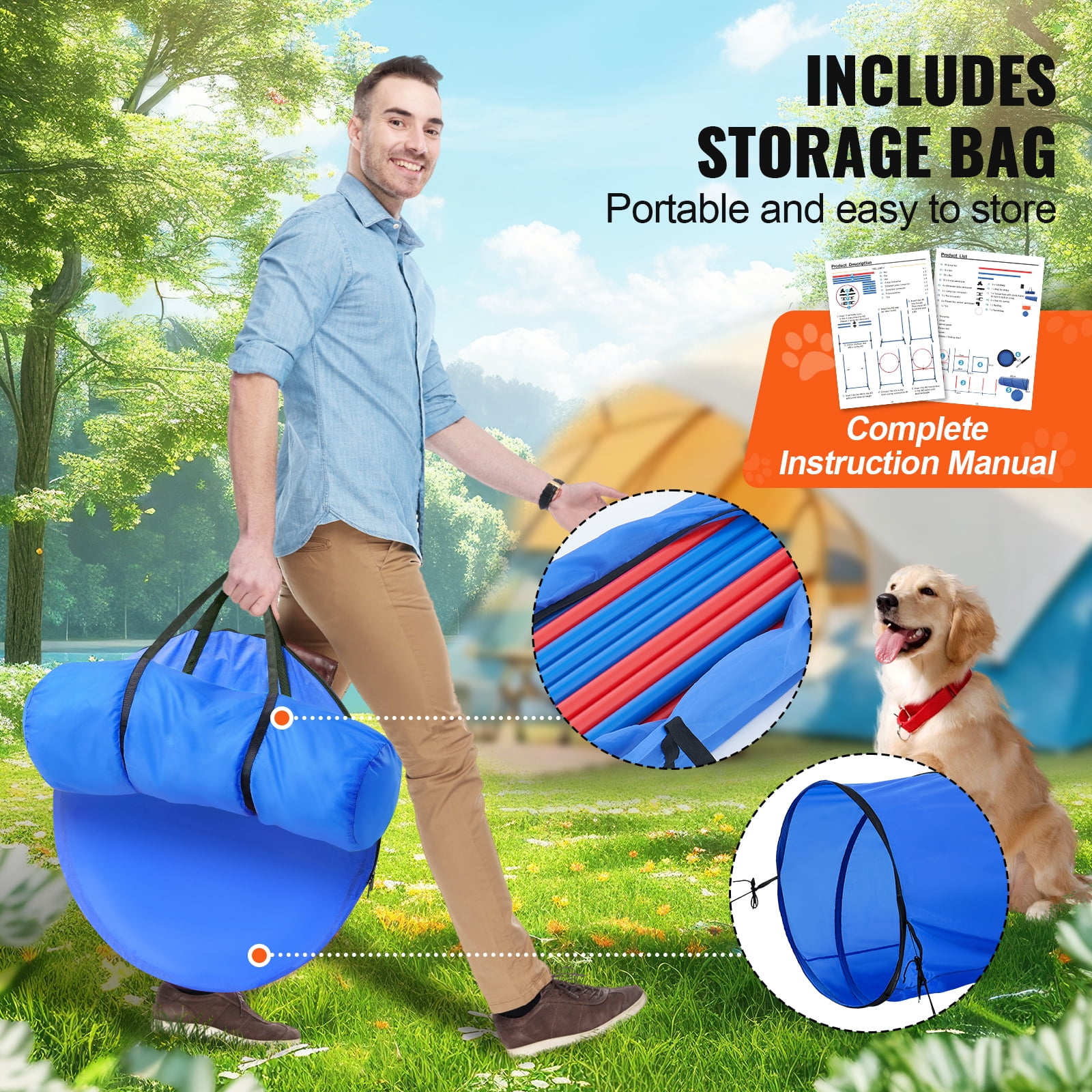KFFKFF Canine Agility Prep Kit, Includes 5 Items: Variable Height Barriers, 6 Slalom Poles, Play Tunnel, Hoop Jump, Resting Square, Whistle, Collapsible Dish, & Carrying Cases for Easy Storage