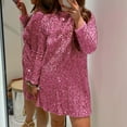 thumbnail image 2 of Women's Long Sleeve Round Neck Sequins Velour Patchwork Short Dress Club Party Casual Loose Mini Dresses Pink,S, 2 of 6