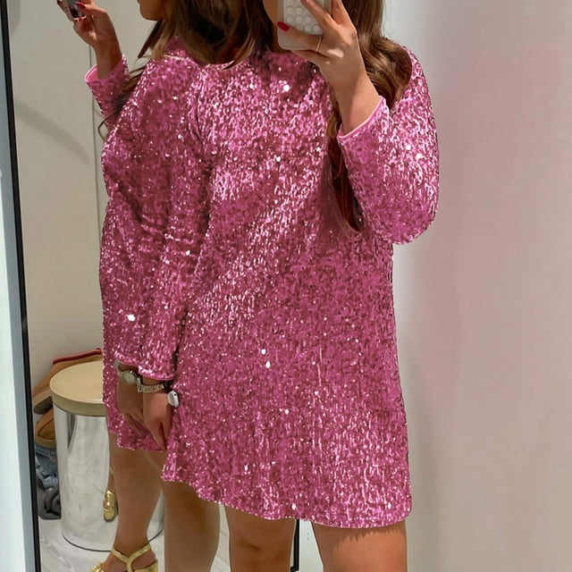 Gspmoly Robes d'Été pour Femmes, Robe Courte à Manches Longues Décontractée Ample Aguichant à Paillettes à Col Rond pour Femmes, Robes de Cocktail Liquidation