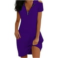 thumbnail image 2 of Elainilye Fashion Womens Dress Summer Solid Causal Zipper Neck Short Sleeve Vacation Cold Shoulder Dress,Purple, 2 of 8