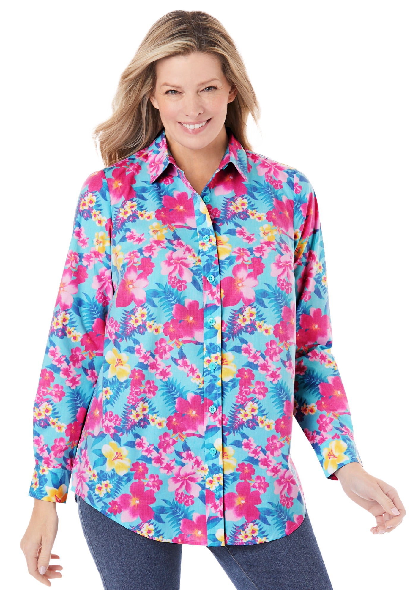 Woman Within Women's Plus Size Perfect Long Sleeve Shirt Wrinkle