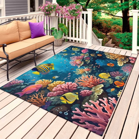 Marine Life Outdoor Rug for Patio/Deck/Porch, Non-Slip Large Area Rug 5 x 7 Ft, Ocean Colorful Fish Coral Blue Underwater Indoor Outdoor Rugs Washable Area Rugs, Reversible Camping Rug Carpet Runner