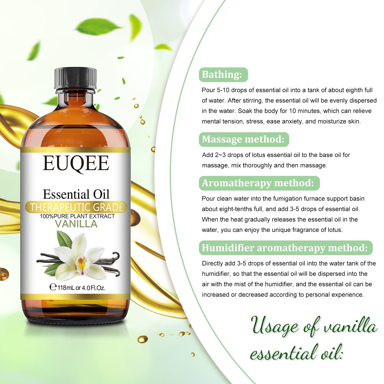 EUQEE Vanilla Essential Oil (0.33 oz/10 ml) Pure Vanilla Oil Premium  Essential Oils with Glass Dropper Great for Humidifier, Diffusers,  Aromatherapy