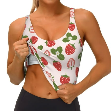 Qokaie Strawberries And Leaf Pattern Womens Scoop Neck Sports Bra Breathable Workout Vest Padded U Back Medium Impact Fitness Gym Yoga Bra Workout Crop Top