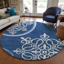 Addison Rugs Chantille Indoor/Outdoor Transitional Scrolls Navy Washable Round Rug, 8' x 8'