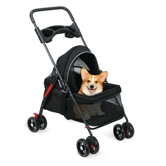 Aruwei 4 Wheels Dog Cat Stroller, Outdoor Travel Pet Folding Stroller, Dog Cat Cage Stroller with Cup Holder, Breathable and Visible Mesh for Medium Small Dog