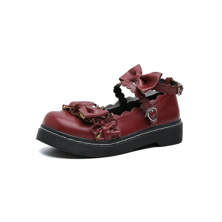 

Eloshman Ladies Lolita Shoe Bowknot Mary Jane Comfort Flats Party Breathable Ankle Strap Loafers Sweet Casual Shoes Wine Red 5.5