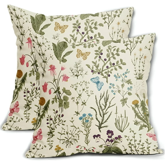 AUQ 2026 New Spring Floral Pillow Covers 20X20 Set of 2 Sage Green Wild Flower Plant Vintage Botanical Print Decorative Throw Pillow Cases Outdoor Seasonal Farmhouse Decor