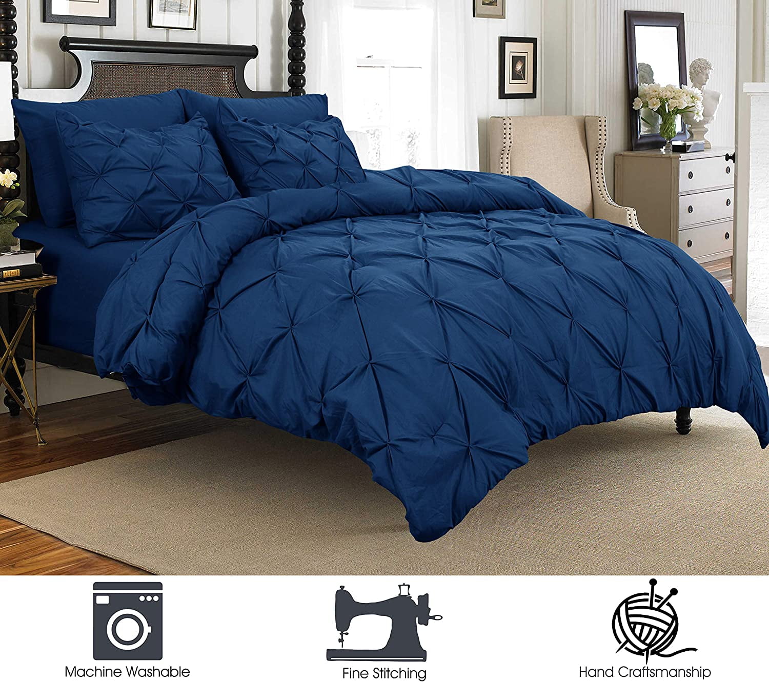 Mocassi Pintuck 2-Piece Duvet Set, Pinch Pleat Design, Button Closure and Corner Ties for Easy Placement, Matching Sham Included, Twin/Twin XL, Navy Blue