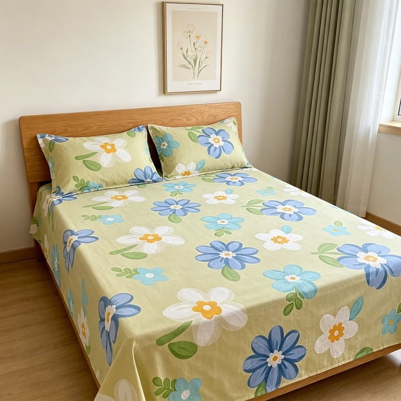 Topukaiba Primary Textile Daisy Floral Fitted Sheet with Deep Pocket, Soft Cooling Bed Sheet Set for Mattress, Easy Care Anti-Wrinkle Top Sheet for Full Queen King Size,47.2"x90.5",Twin