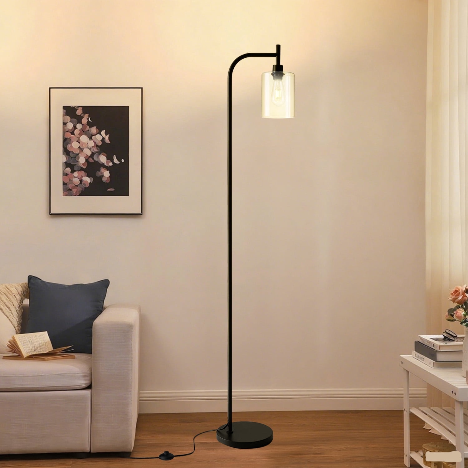 Vesteel Arc Floor Lamp for Living Room, Modern Standing Lamp with Glass Lampshade, Industrial Metal Tall Lamp for Home Bedroom Office, Foot Pedal Switch & LED Bulb Included