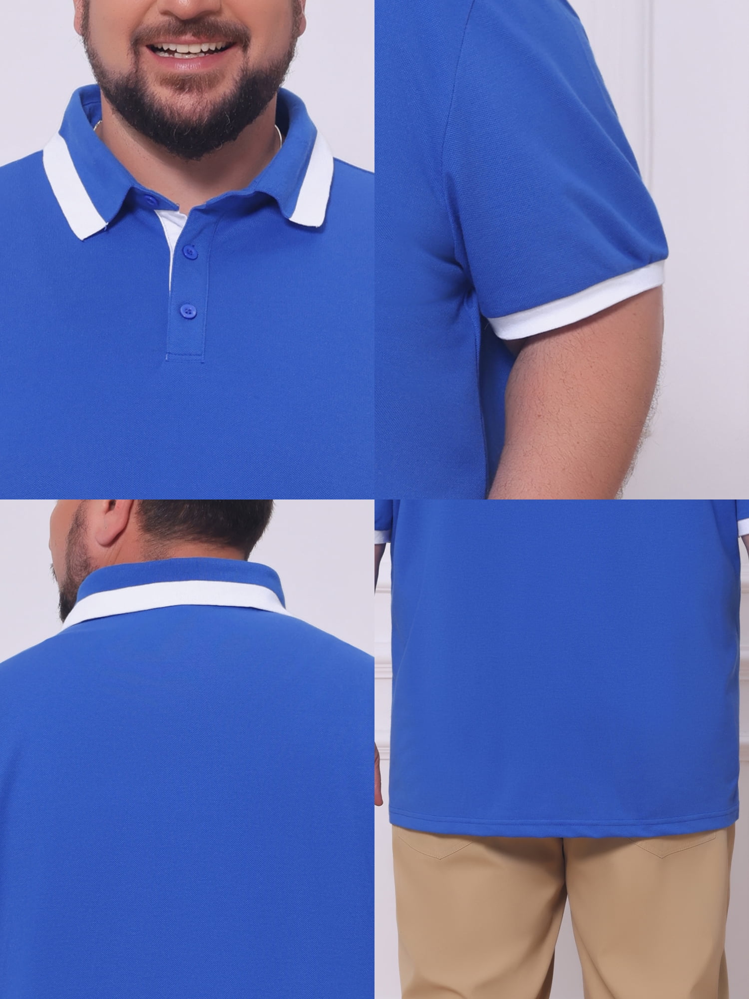 DARING DIVA Men's Big Tall Contrast Color Short Sleeve Button Down Polo 6XL Royal Blue