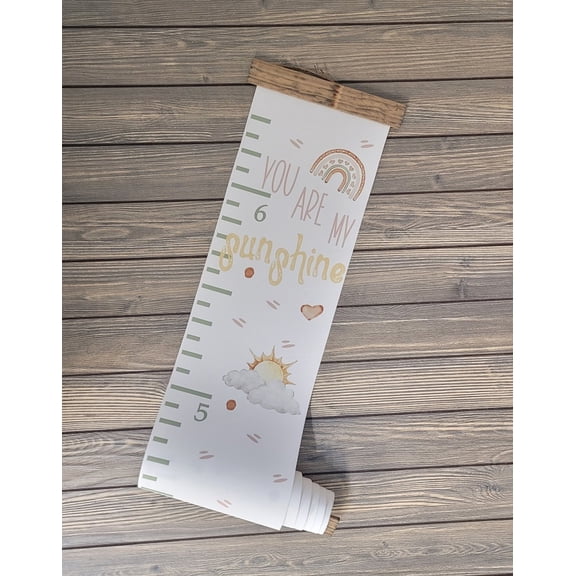 Sunshine Rainbow Canvas Growth Chart for Wall Nursery Decor - Ready to Hang Kids Height Wall Chart - Kids Growth Chart Wall Hanging - Girls Measuring Chart For Wall, Walnut Stain Wood