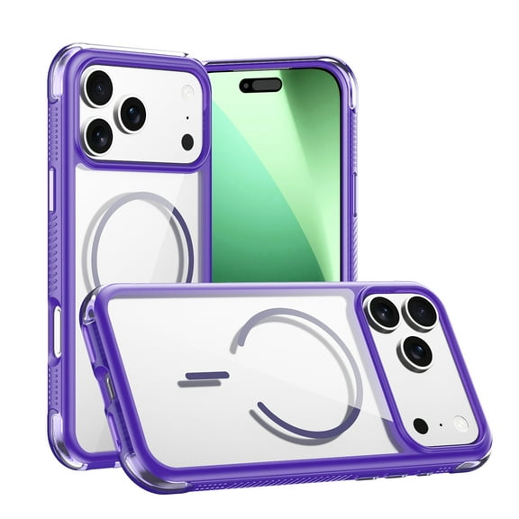 ELEHOLD Magnetic for iPhone 17 Pro Max Case, Compatible with Mag-Safe Accessories Clear Hard Back with Soft TPU Bumper Military Grade Drop Protection Shockproof Phone Case,Purple