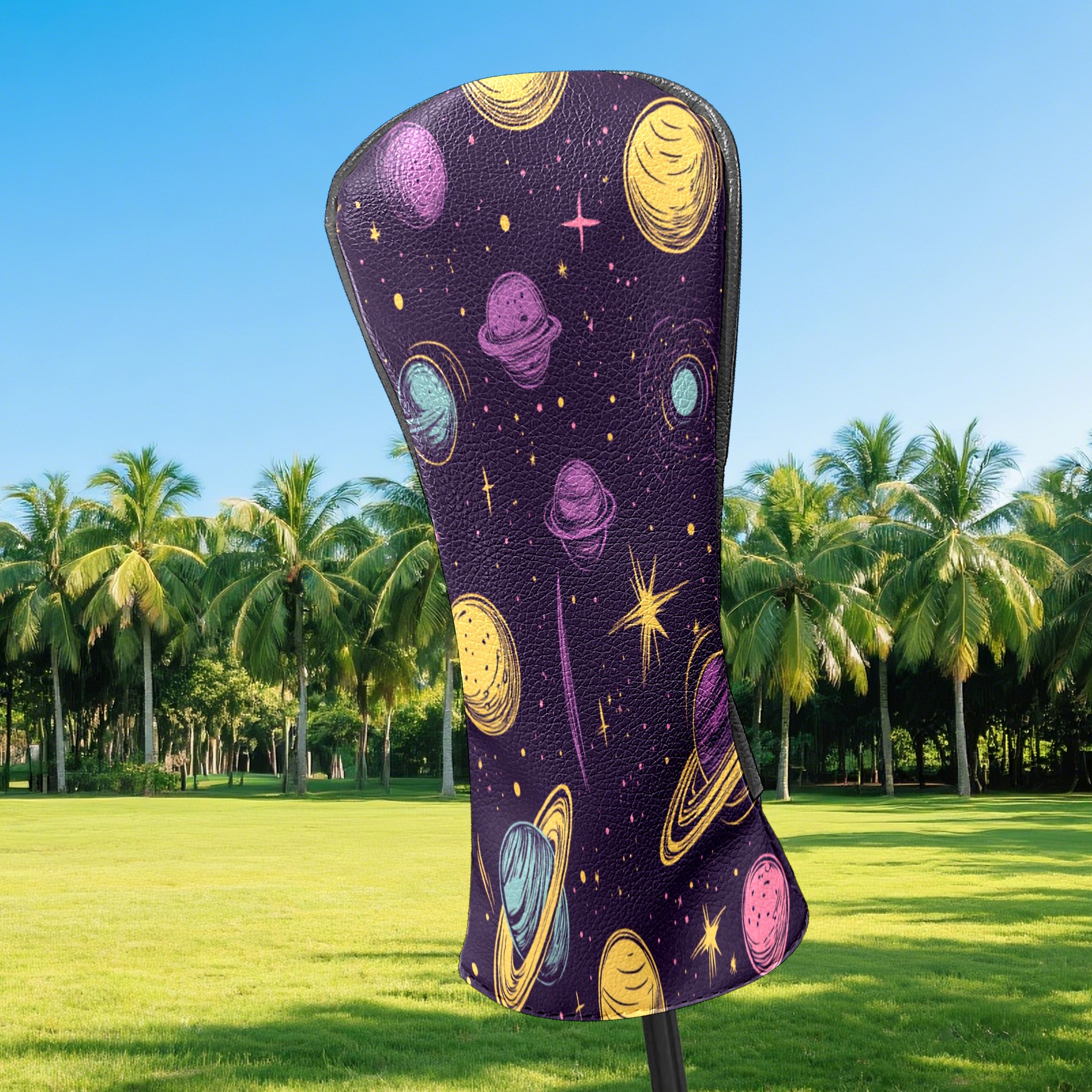 Golf Club Covers PU Leather Waterproof Head Covers for Fairway Woods Hybrids Cartoon Planet Pattern