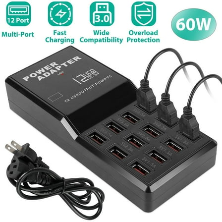 12-Port USB Charging Station 60W - Fast 3.5A Per Port Desktop Hub with Smart IC, Overload Protection for iPhone/iPad/Camera - Compact 6.7" Family Power Strip