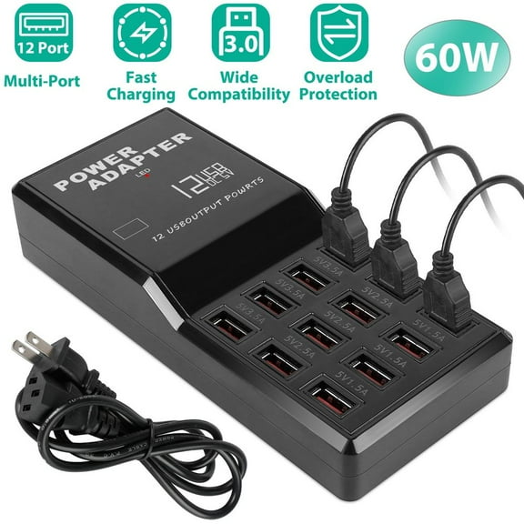12-Port USB Charging Station 60W - Fast 3.5A Per Port Desktop Hub with Smart IC, Overload Protection for iPhone/iPad/Camera - Compact 6.7" Family Power Strip