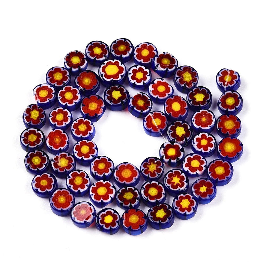 Handmade Millefiori Glass Beads Strands Flat Round Red 7.5x3.5mm Hole: 0.9mm about 52~53pcs/strand 15.83~16.10 inch(40.2~40.9cm)