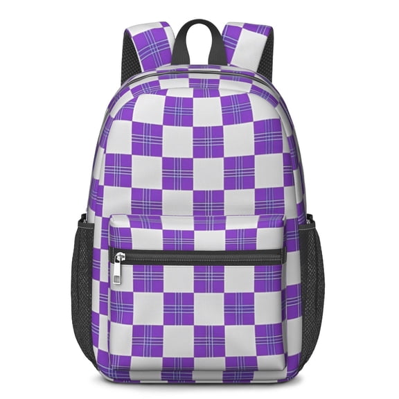 Purple and White Checkered Pattern 17" School Backpacks for Teens,Waterproof Oxford Fabric,S-Shape Padded Straps for School,Travel,Hiking,Camping