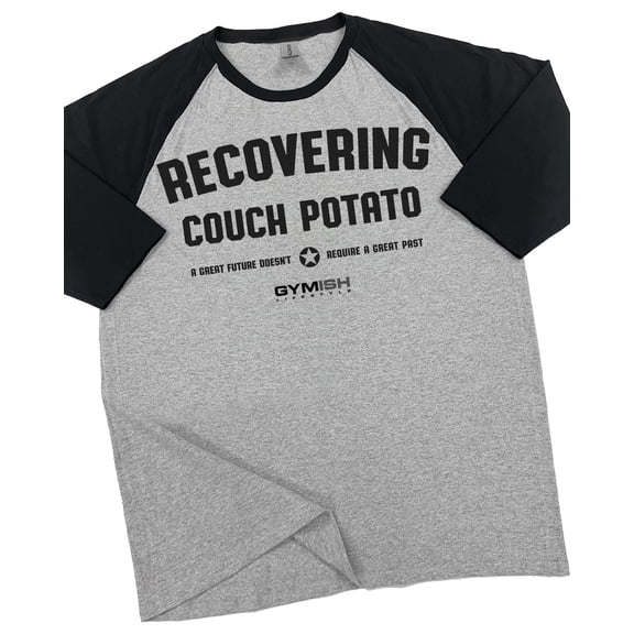 GYMISH RAGLAN Recovering Couch Potato Workout Gym T-Shirt – Funny Gym Shirt for Men, Men's Fitness Tee, Weightlifting & Bodybuilding Apparel
