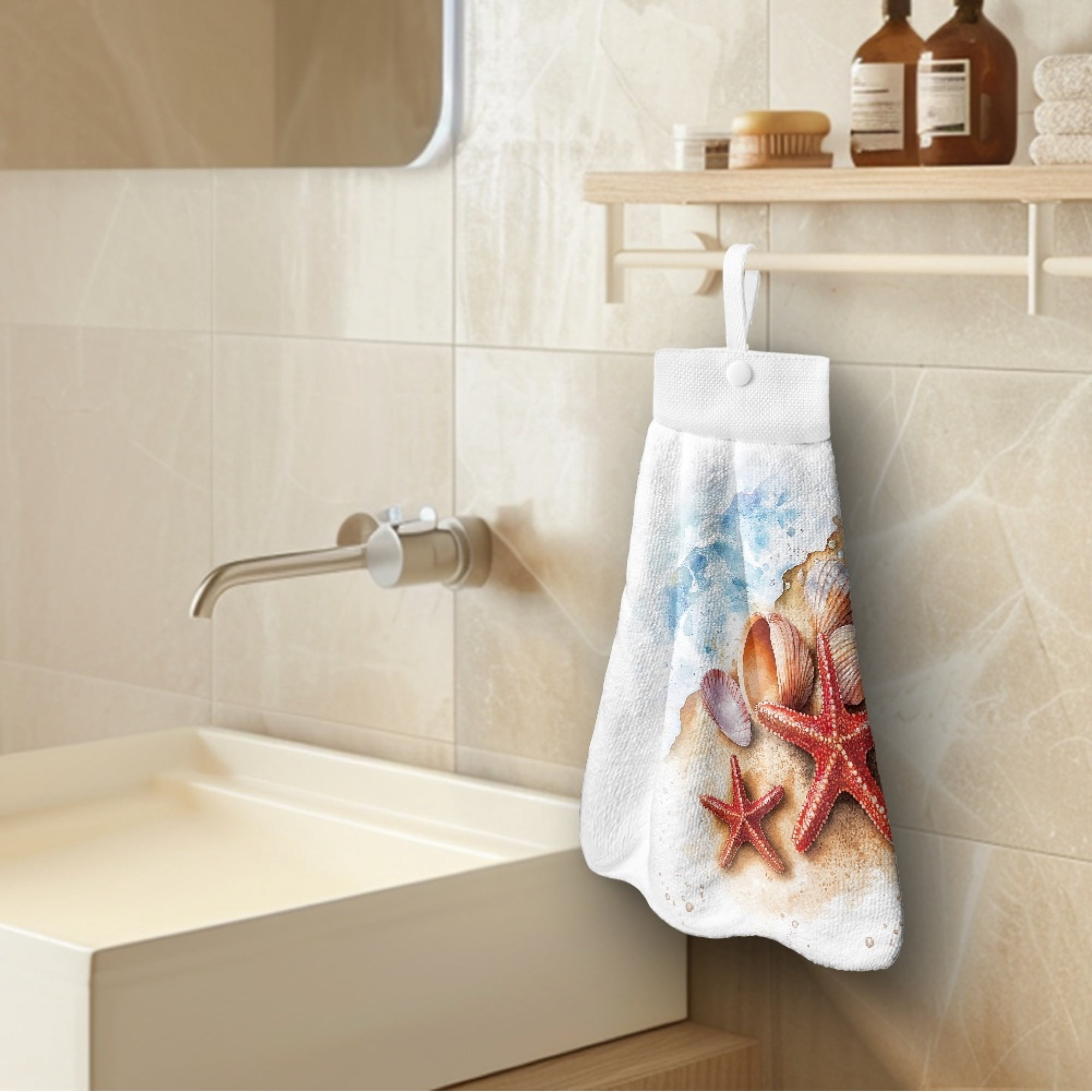 ZIATUBLE Beach Ocean Kitchen Hanging Towels Starfish Hanging Dish Towels Reusable Hand Towels for Bathroom with Loop Set 2 Pack Lightweight Dish Towels for Kitchen Decorative Tea Towels
