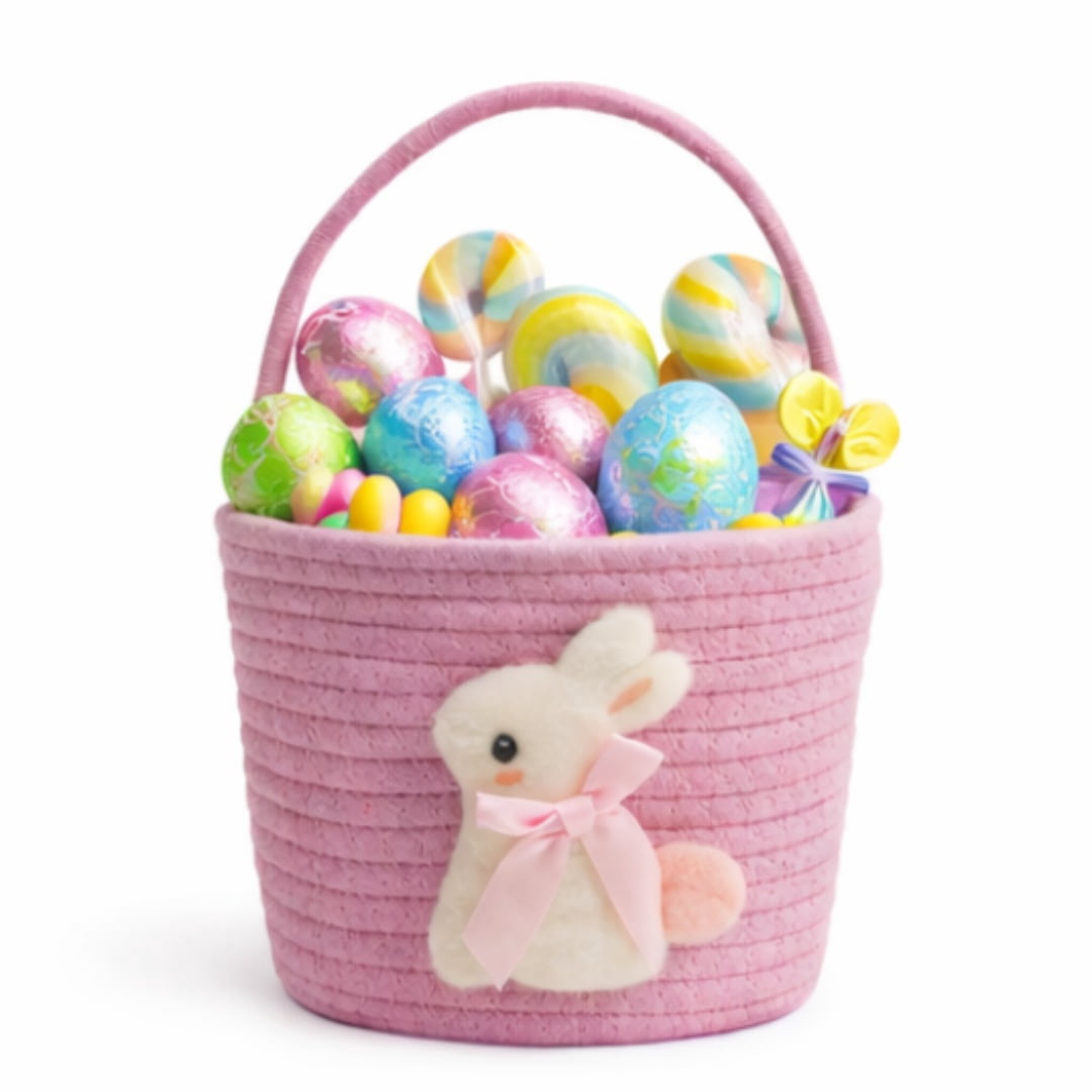 Easter Bunny Basket for Kids, Pink Easter Egg Hunt Basket with Handle, Cute Easter Candy Basket for Easter Gifts and Holiday Decorations
