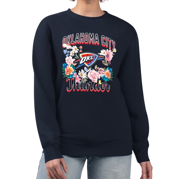Women's G-III 4Her by Carl Banks Navy Oklahoma City Thunder Flowers Team Logo Graphic Fleece Crewneck Pullover