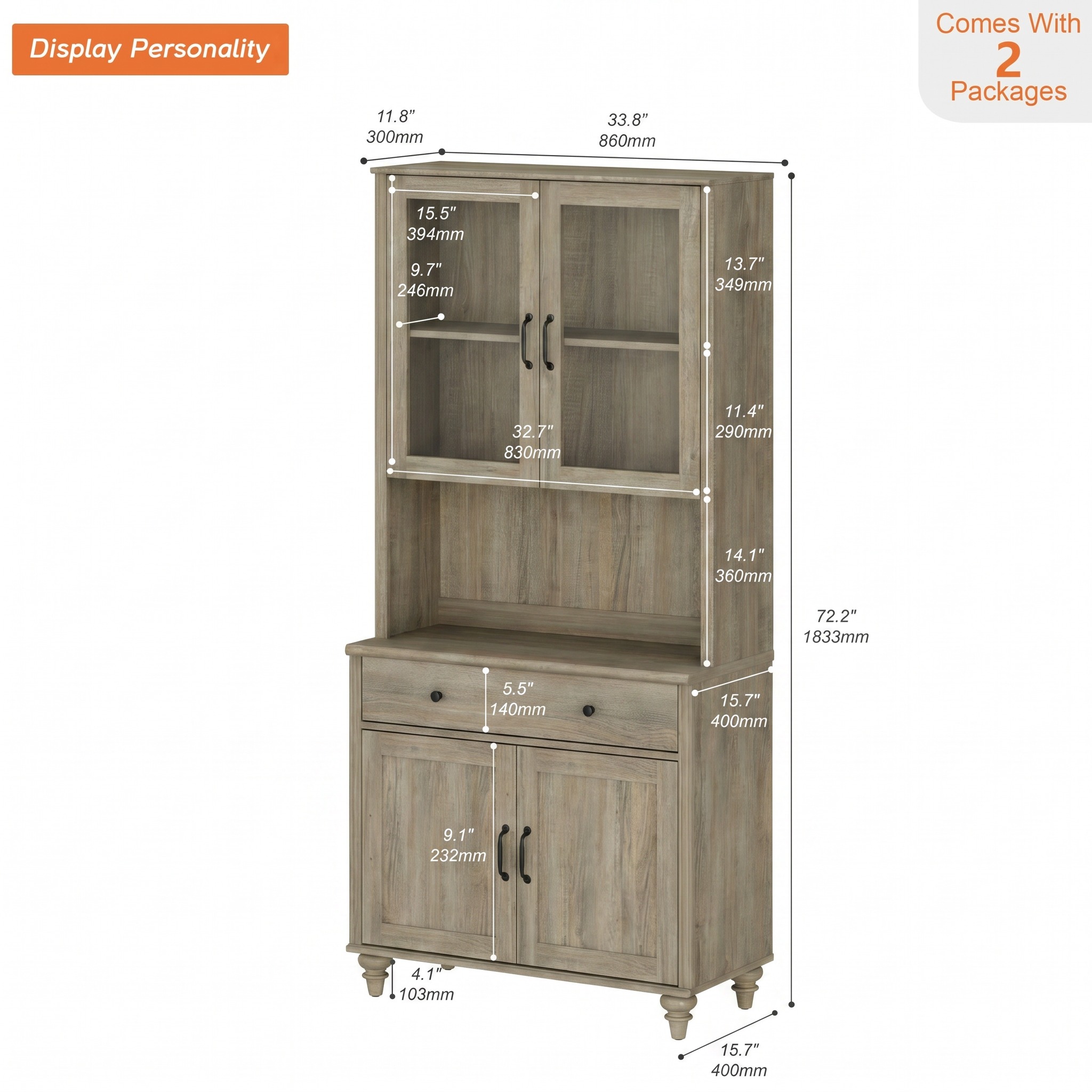 Large Farmhouse Wooden Bookcase with Storage Cabinet, Freestanding Library Bookshelf for Living Room, Office, Study Room & Kitchen, Wash Gray