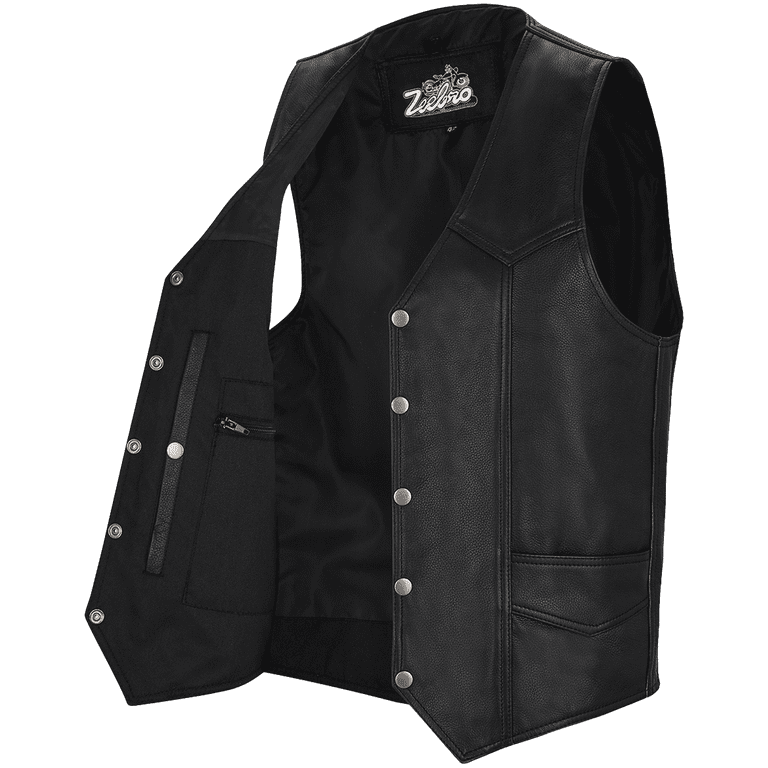 Zeebro Men's MC–02 Classic Black Leather Bikers Vest Size 52