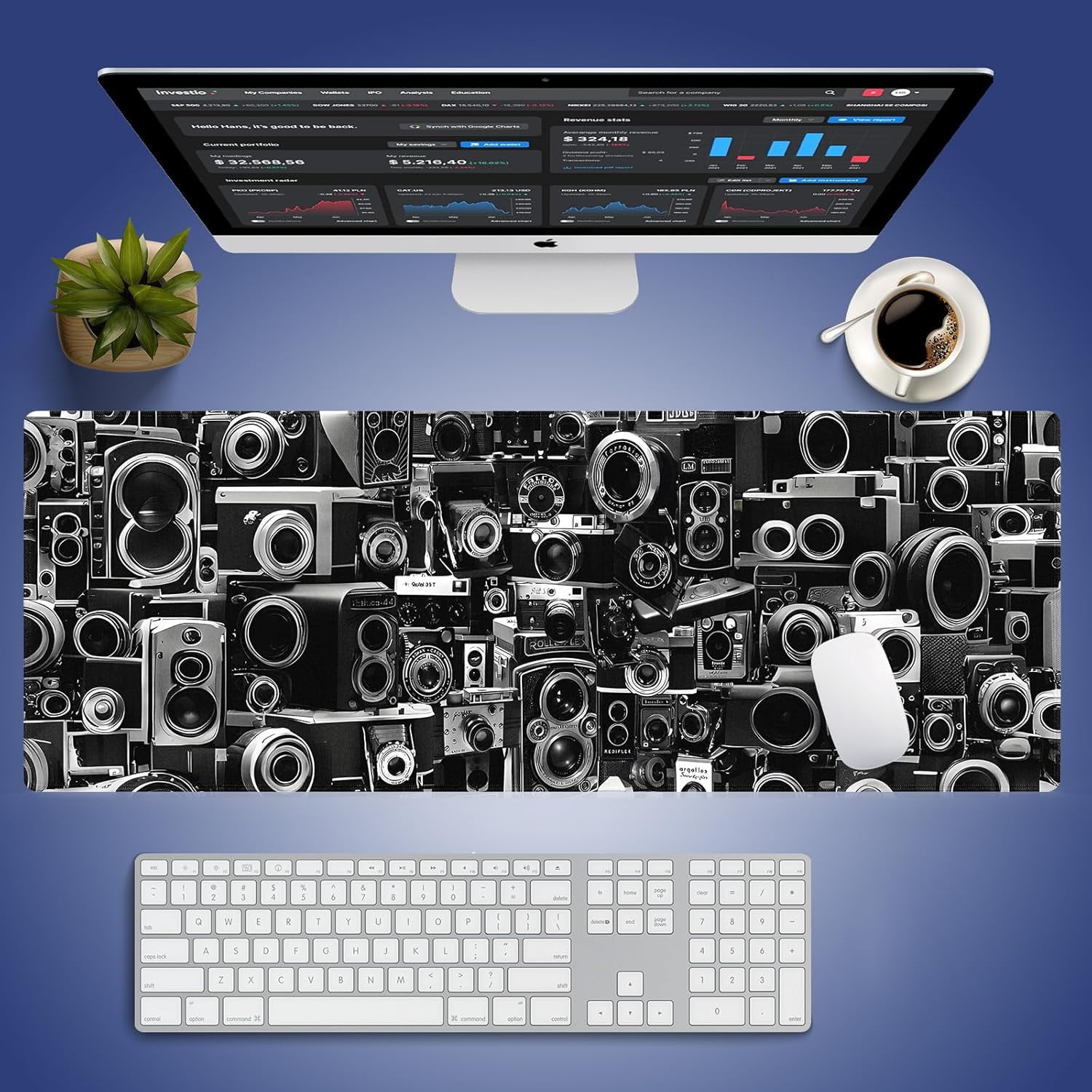 Extra Large Gaming & Office Mouse Pad (31.5" x 11.8") – Retro Camera Collection Montage Design, Premium Anti-Slip XXL Desk Mat with Durable Stitched Edges