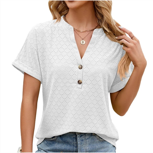 AherBiu Short Sleeve Tops for Women Button Notch V Neck Short Sleeve Boho Travel Shirts Blouse