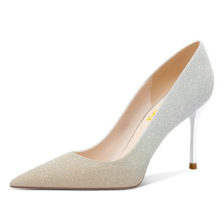 FSJ Women Graceful Pointy Closed Toe Slip On Pumps Shiny Glitter High Heel Sexy Banquet Formal Event Bridal Dress Shoes Size 8 Champagne Silver