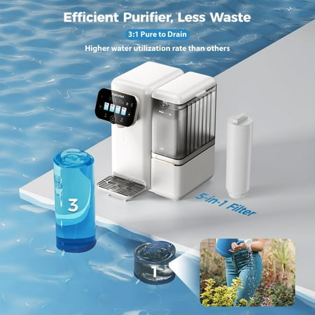 Hydrofast - B100 Countertop Reverse Osmosis Water Filter System, 6 Stage Filtration, 3:1 Pure to Drain, Water Purifier for Home - White