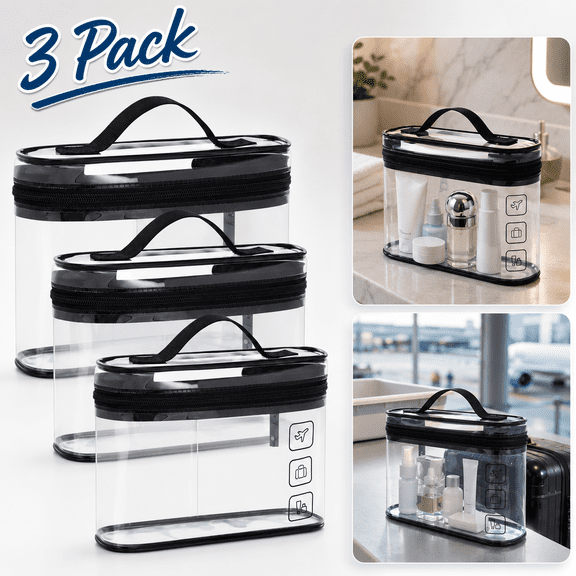 USTOP 3 Pack Clear Makeup Cosmetic Bag Organizer, Travel Toiletry Bag, Waterproof PVC Material, Transparent Carry-on Essentials Pouch for Women Men, Ideal for Airport Security, Gym, Vacation