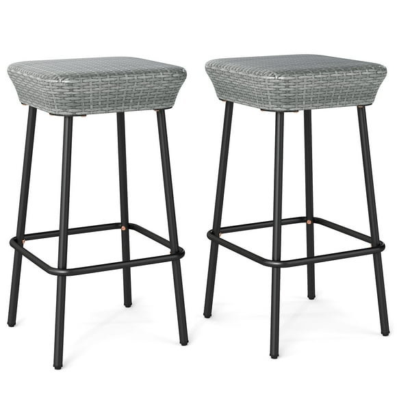Gymax 29.5'' Metal Bar Height Stools Set of 2 w/ Rattan Seat & Footrest for Backyard