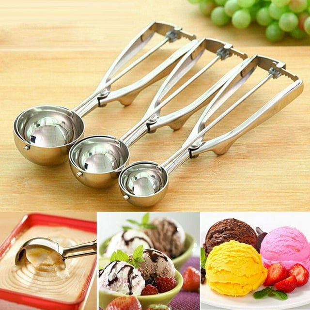 Juego de Cucharas para Helado, Machacador de Acero Inoxidable con Mango de Resorte, Tres Tamaños para Uso Doméstico o En Restaurantes, Duradero y Fácil de Limpiar, 4 Cm, 5 Cm, 6 Cm de Diámet