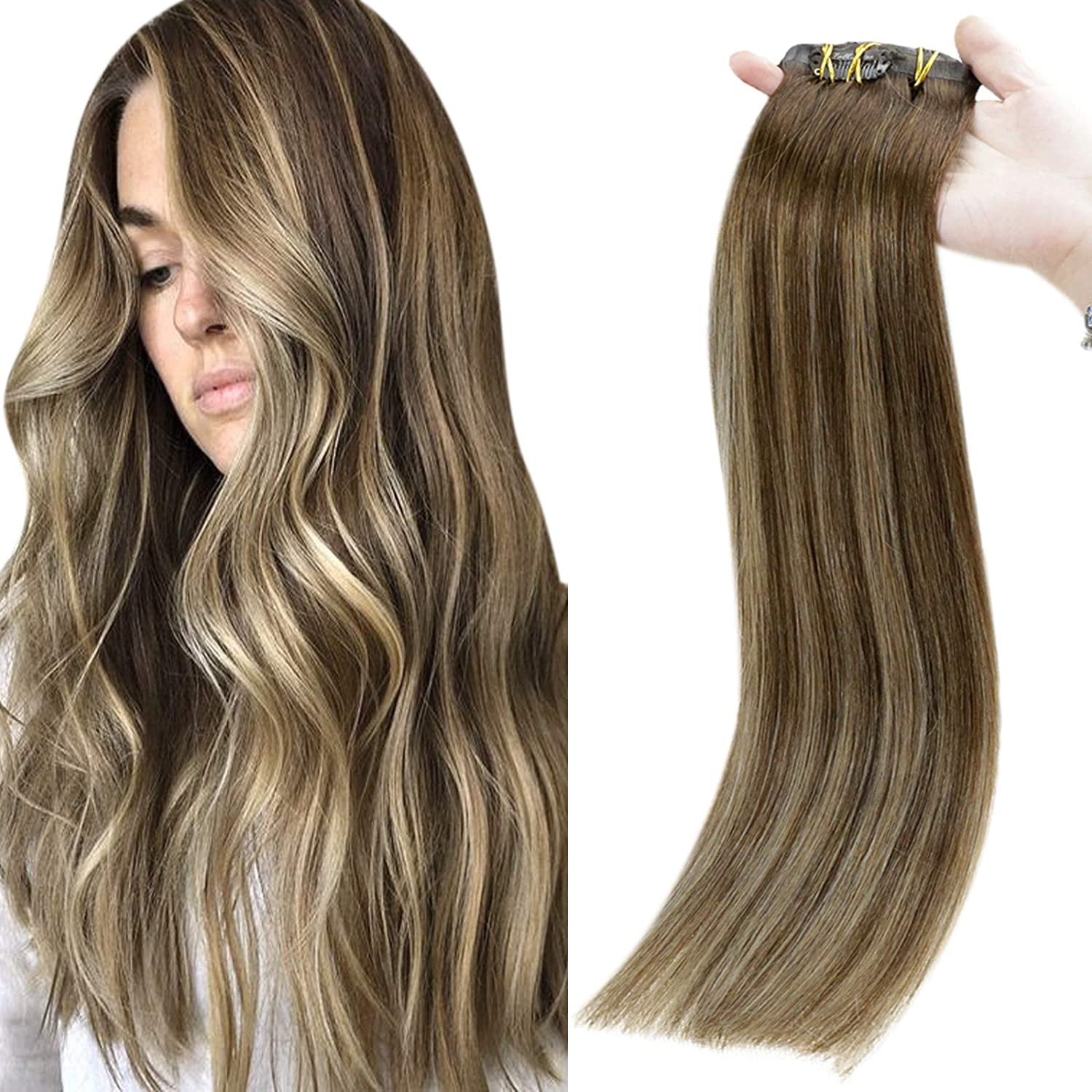 Full Shine Seamless Clip in Human Hair Balayage 14 inch Brazilian Invisible  Clip in Remy Hair 8 Pcs Straight Clip Ins 