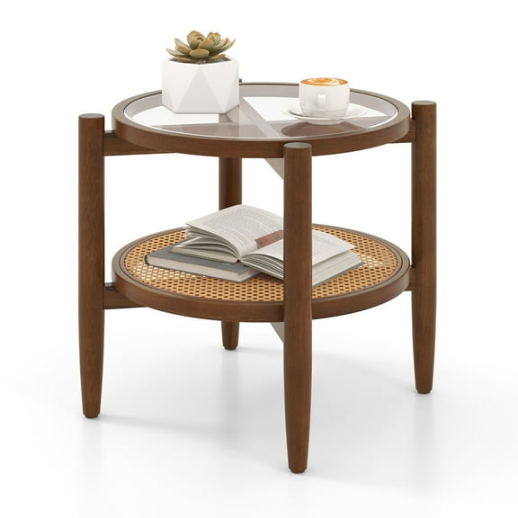 Gymax 2-Tier Round Side End Table PE Rattan Sofa Nightstand Tempered Glass Tabletop