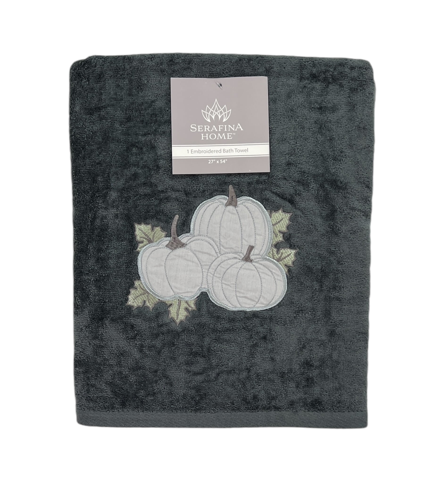 Serafina Home Luxury Holiday Fall Harvest Pumpkin Bath Towels, Embroidered Light Grey Pumpkins Leaves on Dark Gray Plush Velour Terry 100% Cotton, Set of 2, Measures 54" x 27"